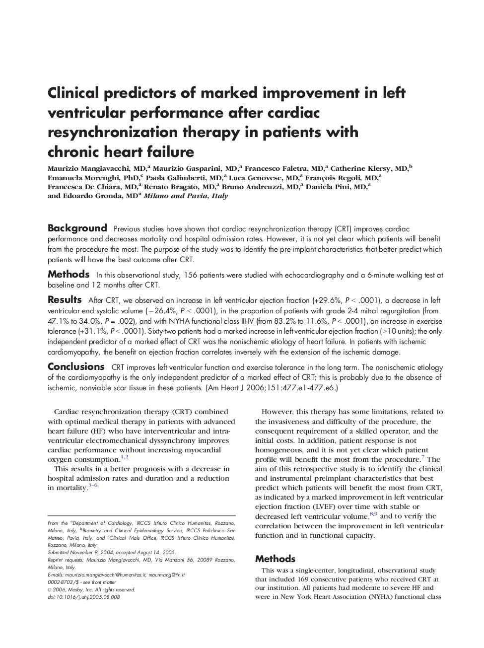 Clinical predictors of marked improvement in left ventricular performance after cardiac resynchronization therapy in patients with chronic heart failure