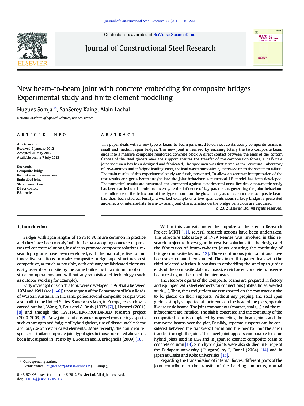 New beam-to-beam joint with concrete embedding for composite bridges: Experimental study and finite element modelling