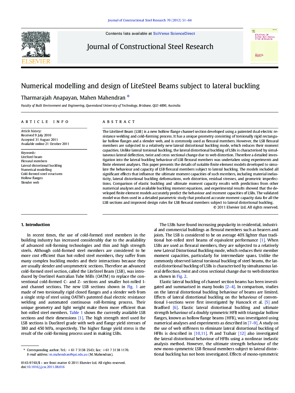 Numerical modelling and design of LiteSteel Beams subject to lateral buckling