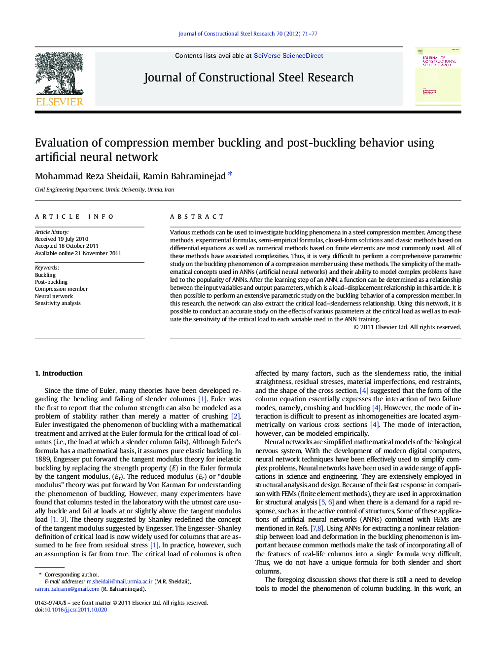 Evaluation of compression member buckling and post-buckling behavior using artificial neural network