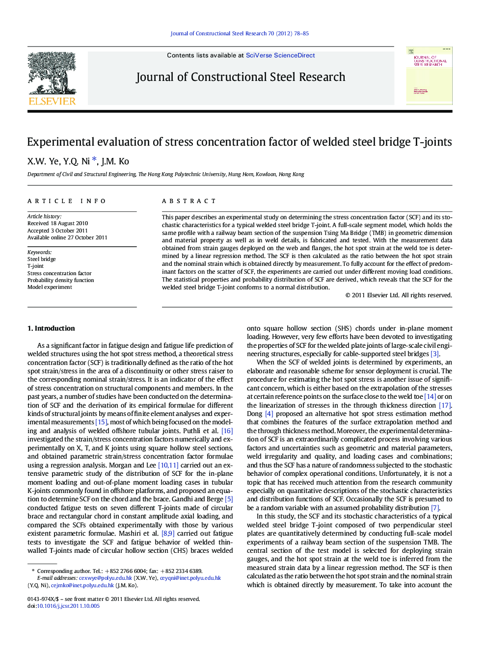 Experimental evaluation of stress concentration factor of welded steel bridge T-joints