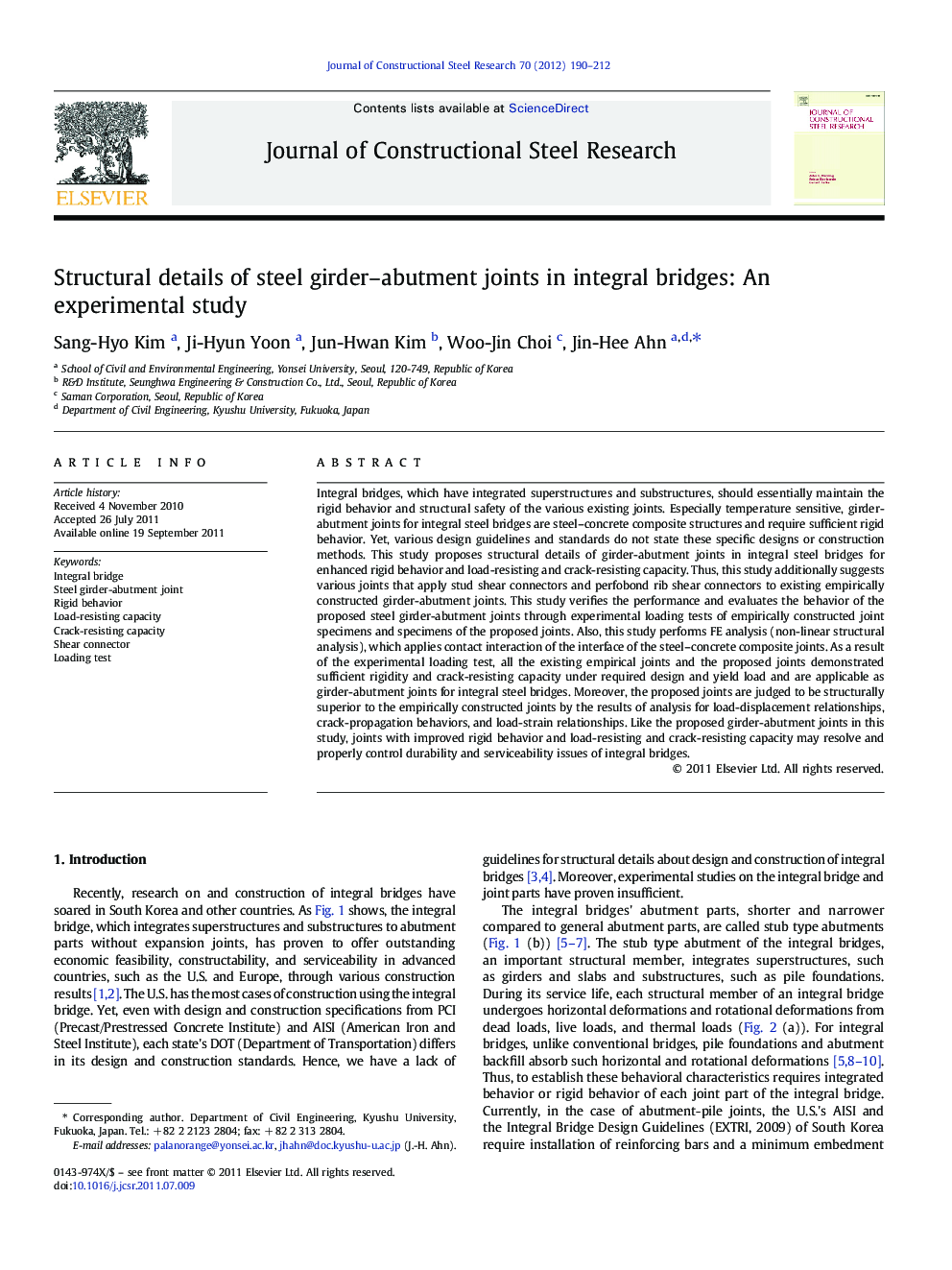 Structural details of steel girder–abutment joints in integral bridges: An experimental study