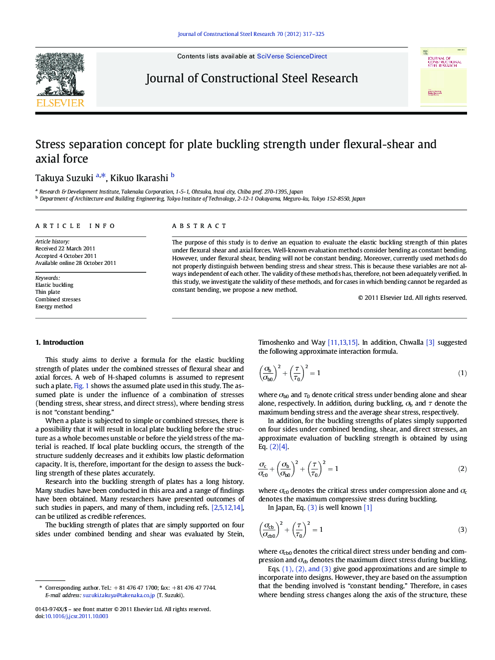 Stress separation concept for plate buckling strength under flexural-shear and axial force