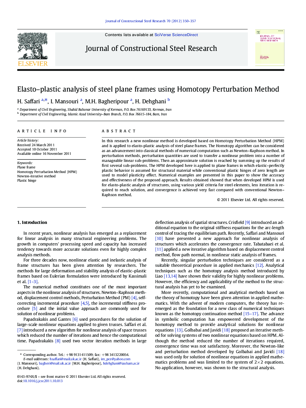 Elasto–plastic analysis of steel plane frames using Homotopy Perturbation Method