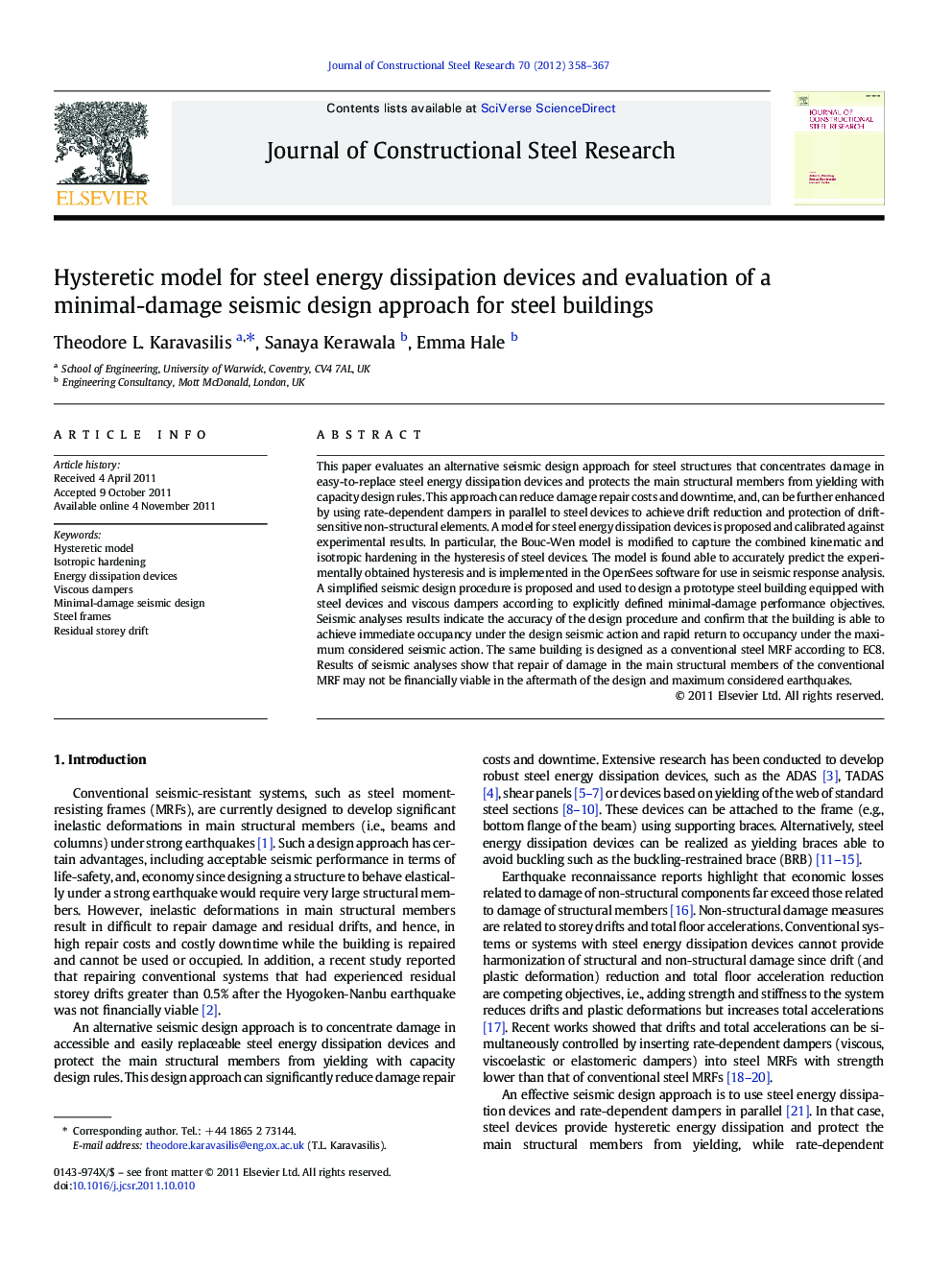 Hysteretic model for steel energy dissipation devices and evaluation of a minimal-damage seismic design approach for steel buildings