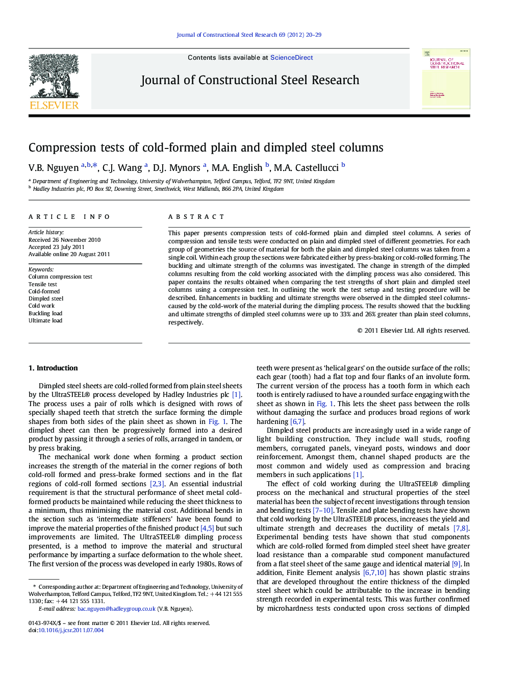 Compression tests of cold-formed plain and dimpled steel columns