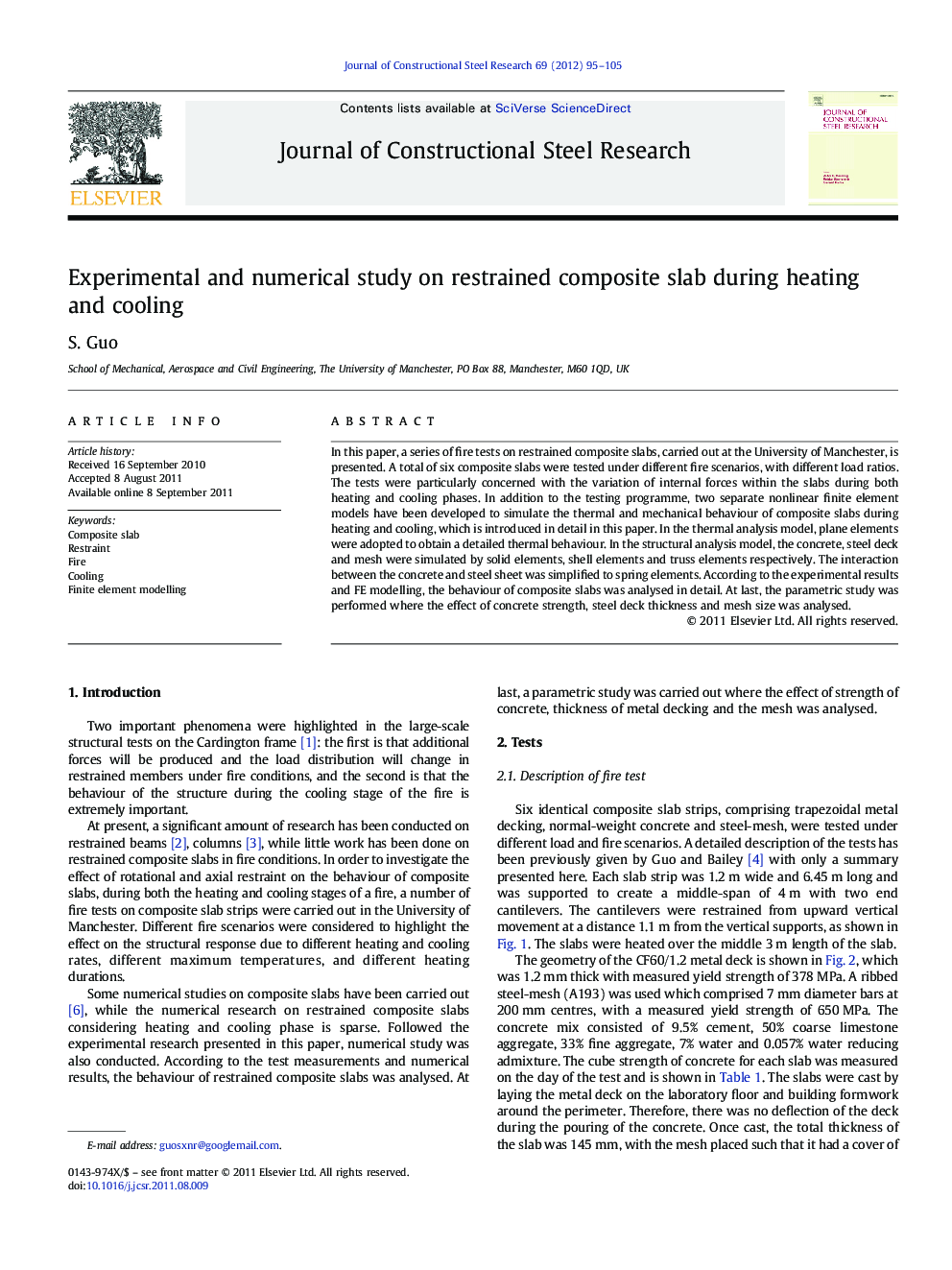 Experimental and numerical study on restrained composite slab during heating and cooling