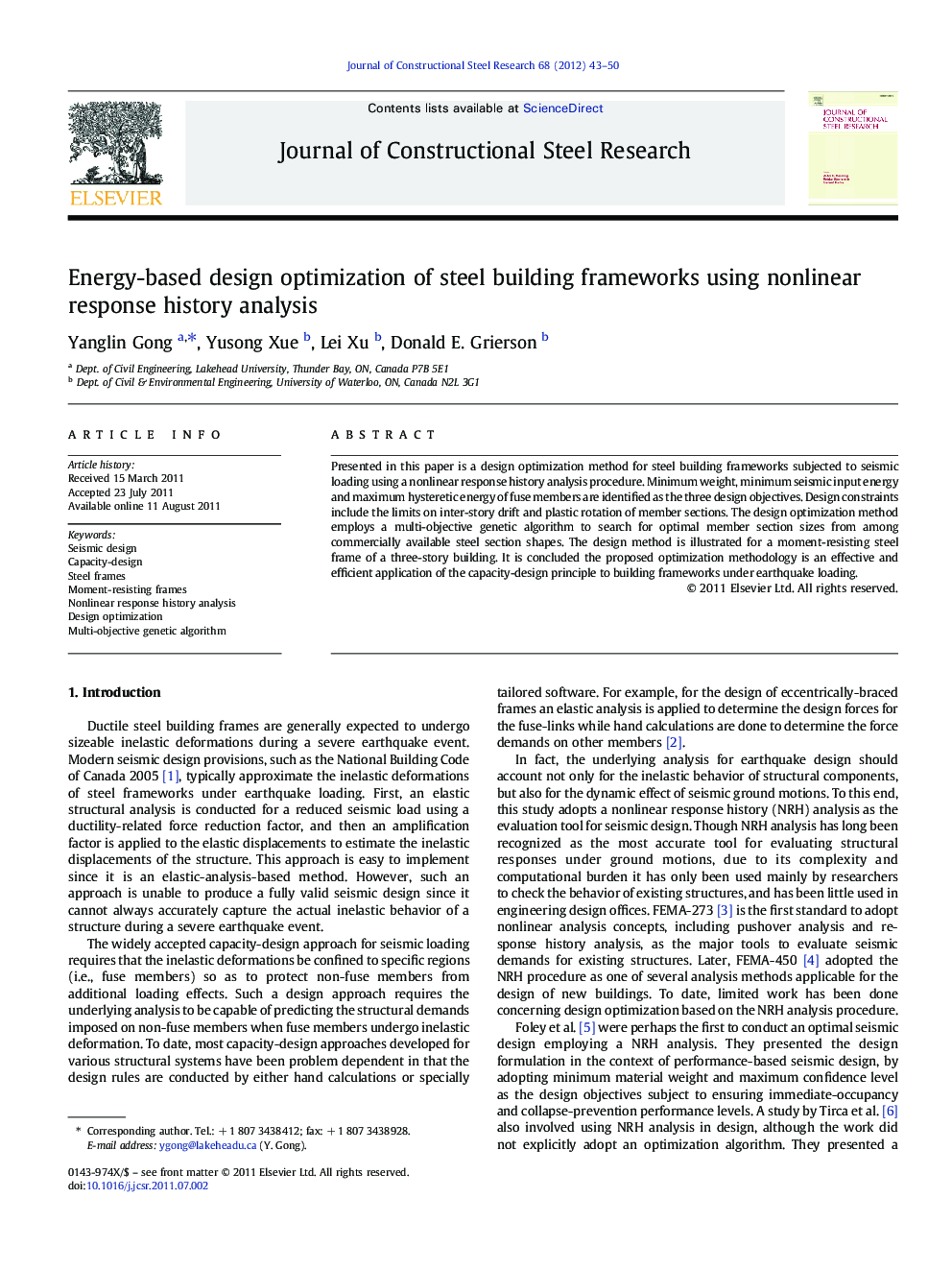 Energy-based design optimization of steel building frameworks using nonlinear response history analysis