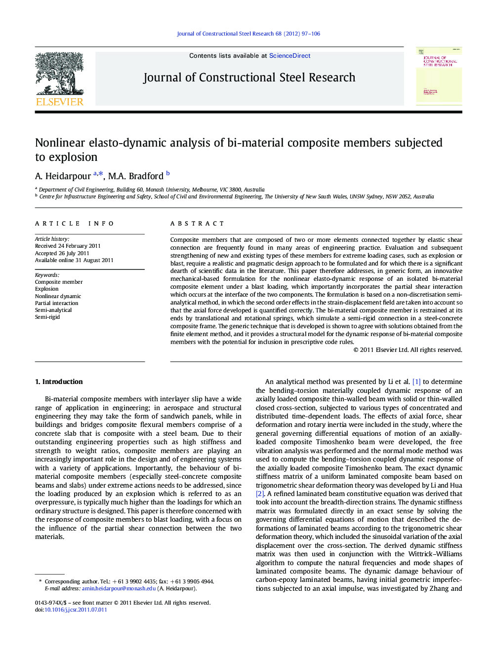 Nonlinear elasto-dynamic analysis of bi-material composite members subjected to explosion