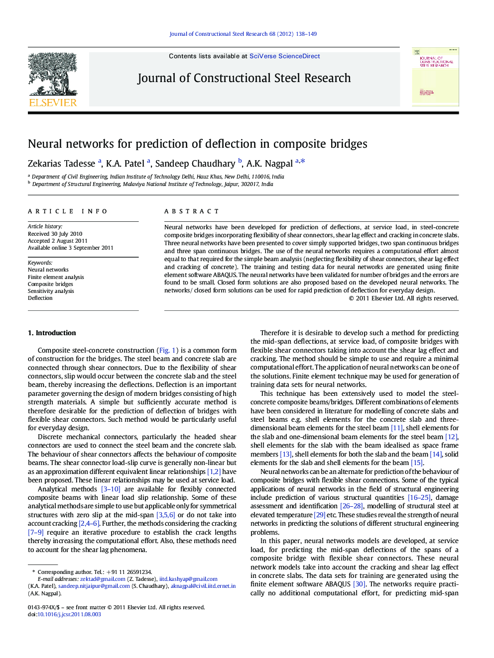 Neural networks for prediction of deflection in composite bridges