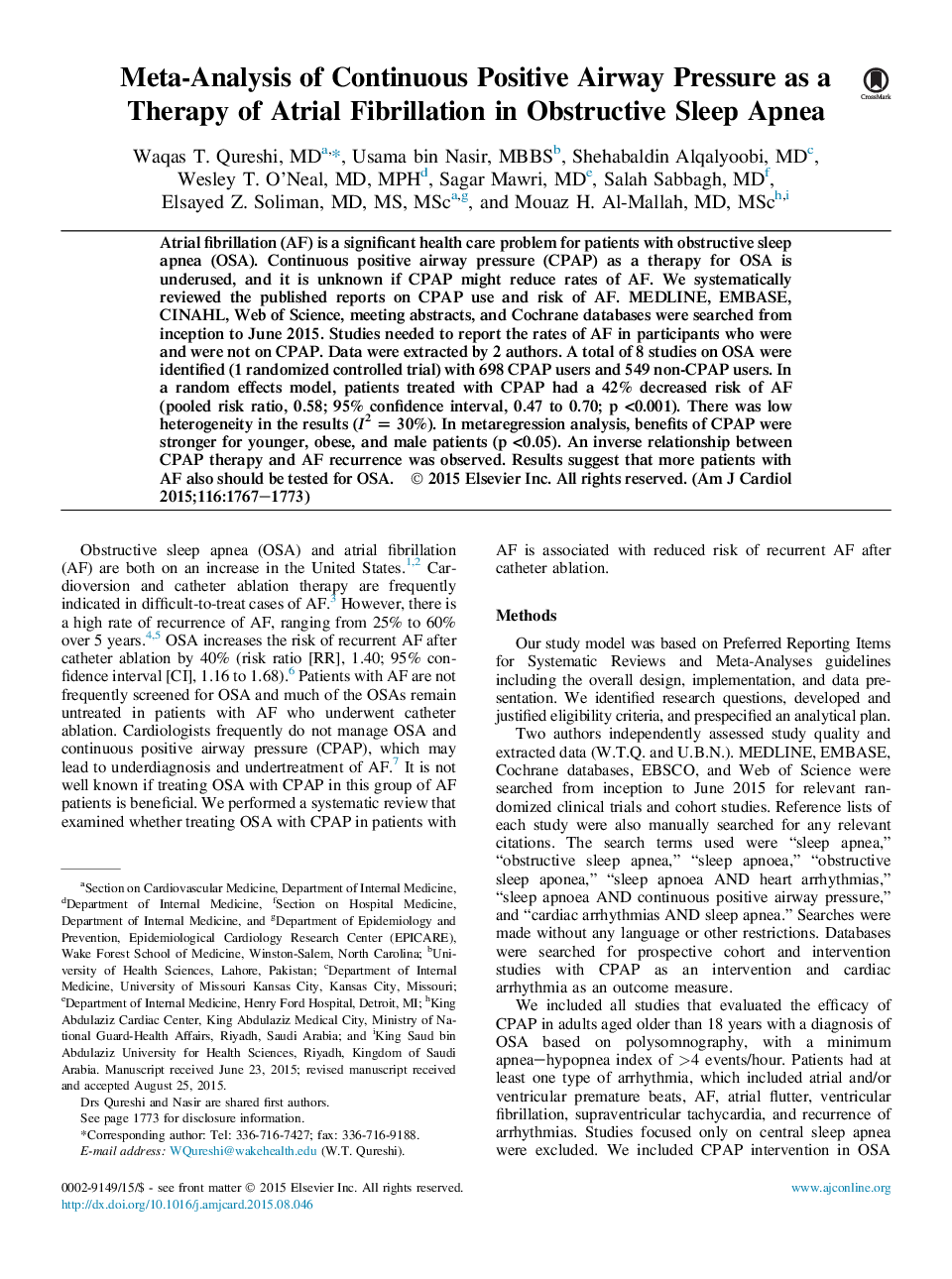 متاآنالیز فشار مثبت فشار مثبت به عنوان درمان فیبریلاسیون دهلیزی در آپنه انسدادی خواب 