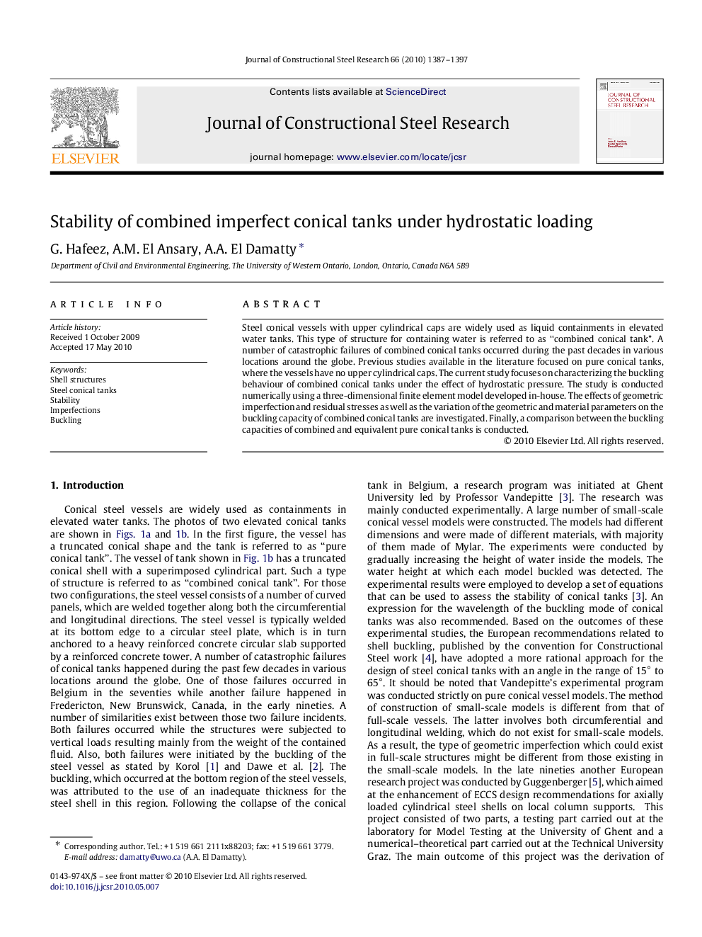 Stability of combined imperfect conical tanks under hydrostatic loading