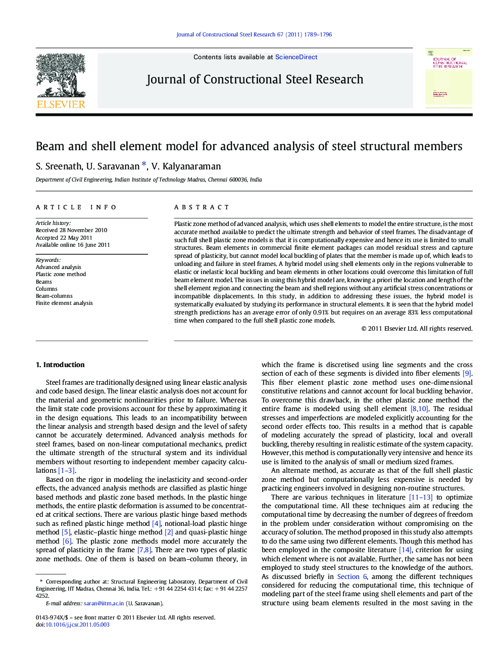 Beam and shell element model for advanced analysis of steel structural members
