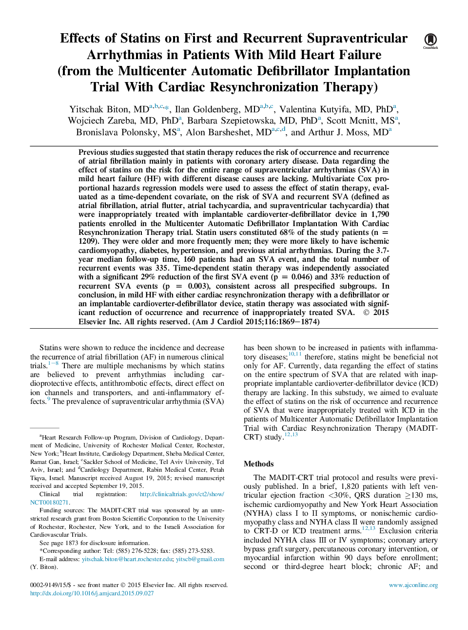 اثرات استاتین ها در ابتلا به آریتمی های سوپروژنیکال اول و مجدد در بیماران مبتلا به نارسایی قلب خفیف (از محاکمه ایمپلنت خودکار اتوماتیک چندتایی با درمان مجدد قلب) 