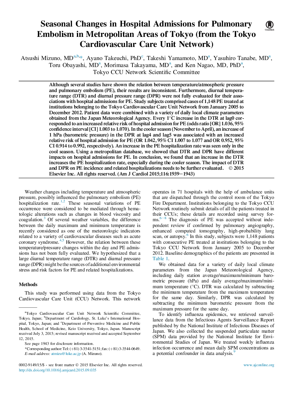 تغییرات فصلی در پذیرش بیمارستان برای امبولیسم ریوی در مناطق شهری توکیو (از واحد توزیع مراقبت قلب و عروق توکیو) 