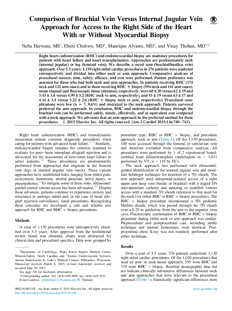 Comparison of Brachial Vein Versus Internal Jugular Vein Approach for Access to the Right Side of the Heart With or Without Myocardial Biopsy 