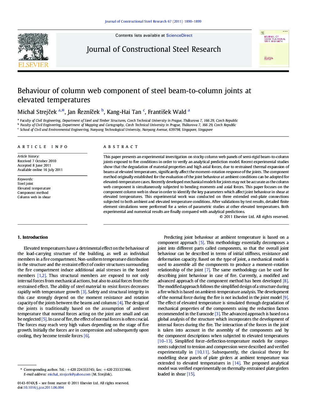 Behaviour of column web component of steel beam-to-column joints at elevated temperatures