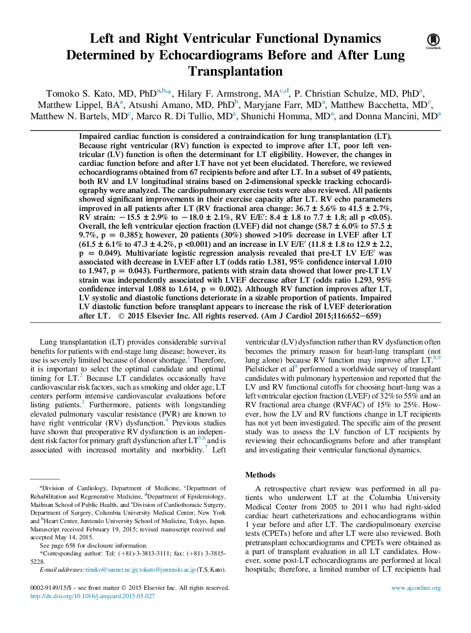 دینامیک عملکردی بطنی چپ و راست تعیین شده توسط اکوکاردیوگرام قبل و بعد از پیوند ریه 