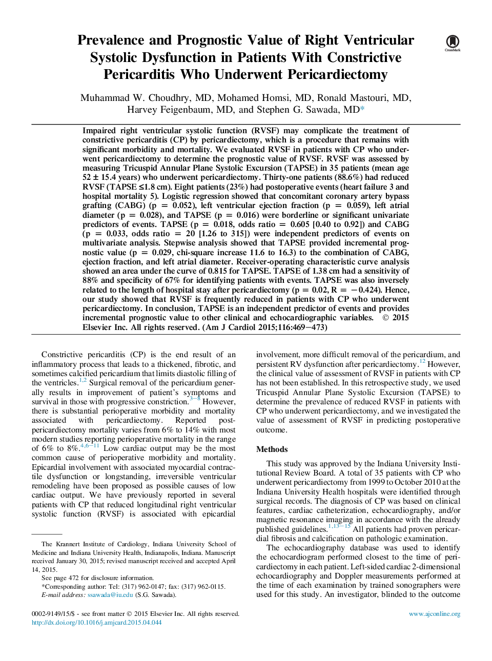 شیوع و میزان پیش آگهی اختلال سیتولوژی بطنی راست در بیماران مبتلا به پریکاردیت انسدادی که تحت پریکاردیتکتومی قرار گرفتند 