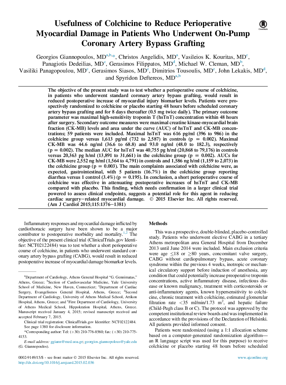 مفید بودن کلشیسین برای کاهش آسیب های قلبی طیور در بیماران مبتلا به پیوند عروق کرونر تحت پمپ 