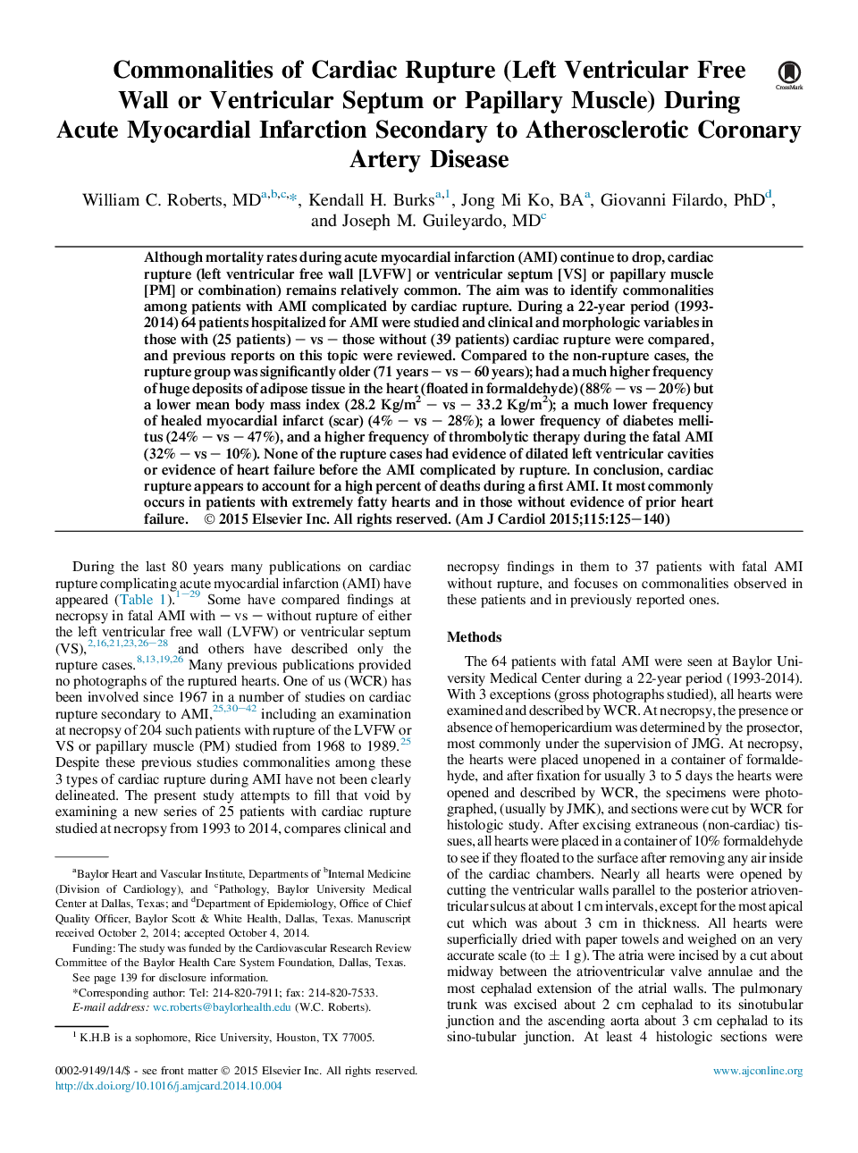 پارازیت قلب (دیواره آزاد بطنی یا پارگی بطنی یا عضله پاپیلاری) در طی انفارکتوس حاد قلب و عروق ثانویه به بیماری عروق کرونر آترواسکلروتیک 