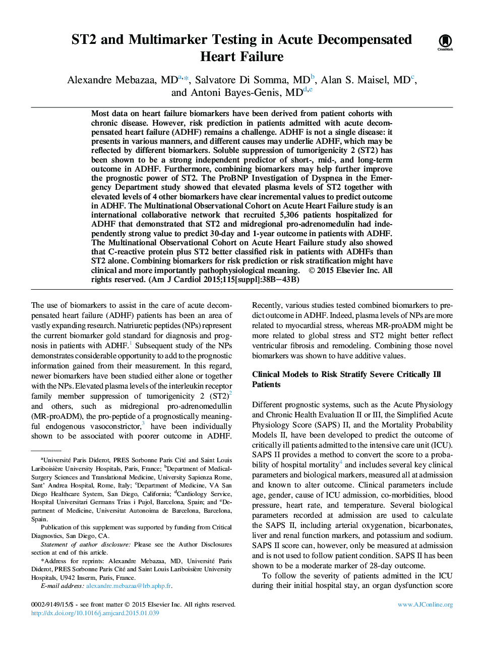 ST2 and Multimarker Testing in Acute Decompensated Heart Failure 