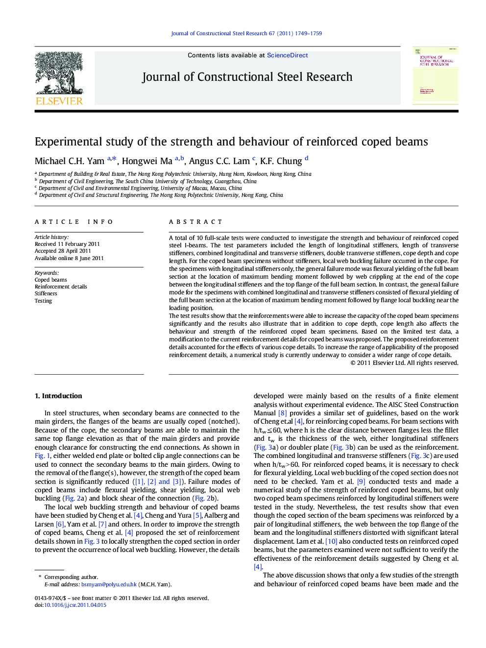 Experimental study of the strength and behaviour of reinforced coped beams