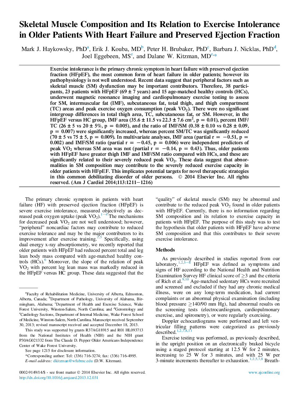 ترکیب عضله اسکلتی و ارتباط آن با عدم تطابق ورزش در بیماران سالمند مبتلا به نارسایی قلب و کسر تخلیه محافظت شده 