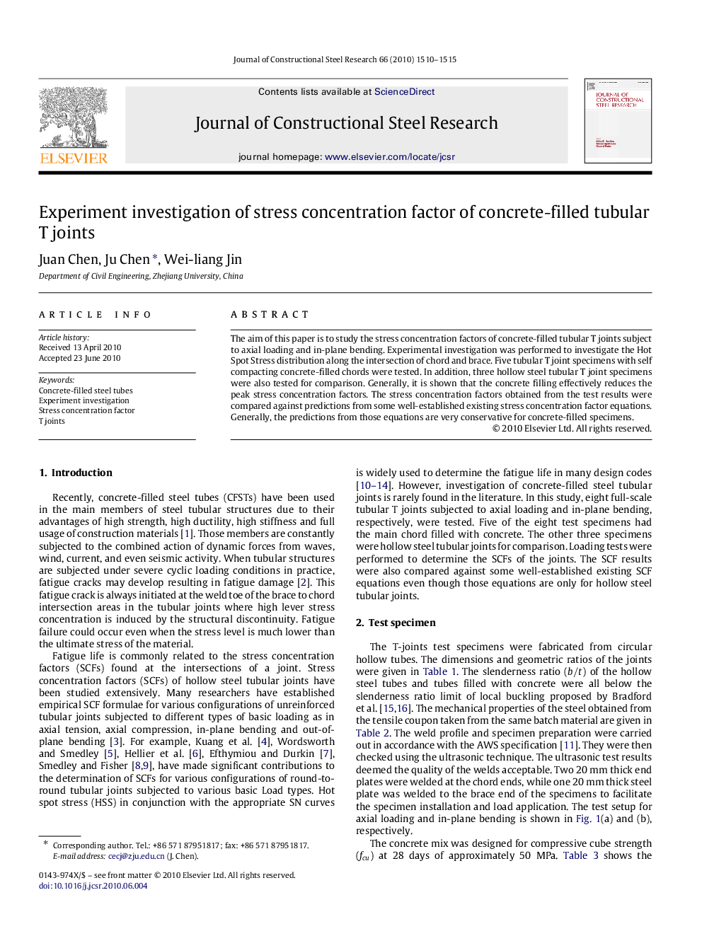 Experiment investigation of stress concentration factor of concrete-filled tubular T joints