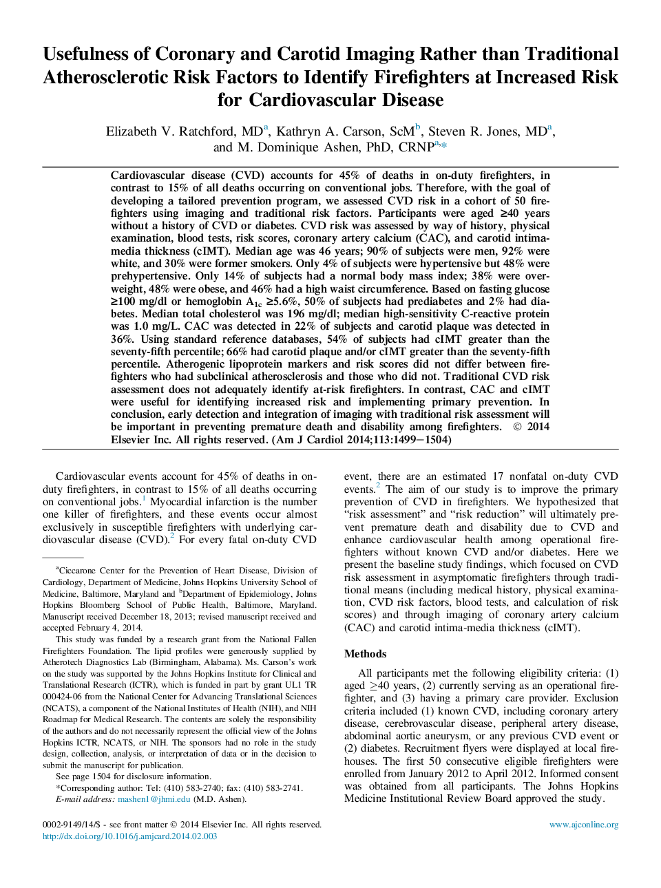 استفاده از تصویربرداری عروق کرونر و کاروتید به جای عوامل خطر سنتی آترواسکلروتیک برای شناسایی آتش نشانان در افزایش خطر بیماری قلبی عروقی 