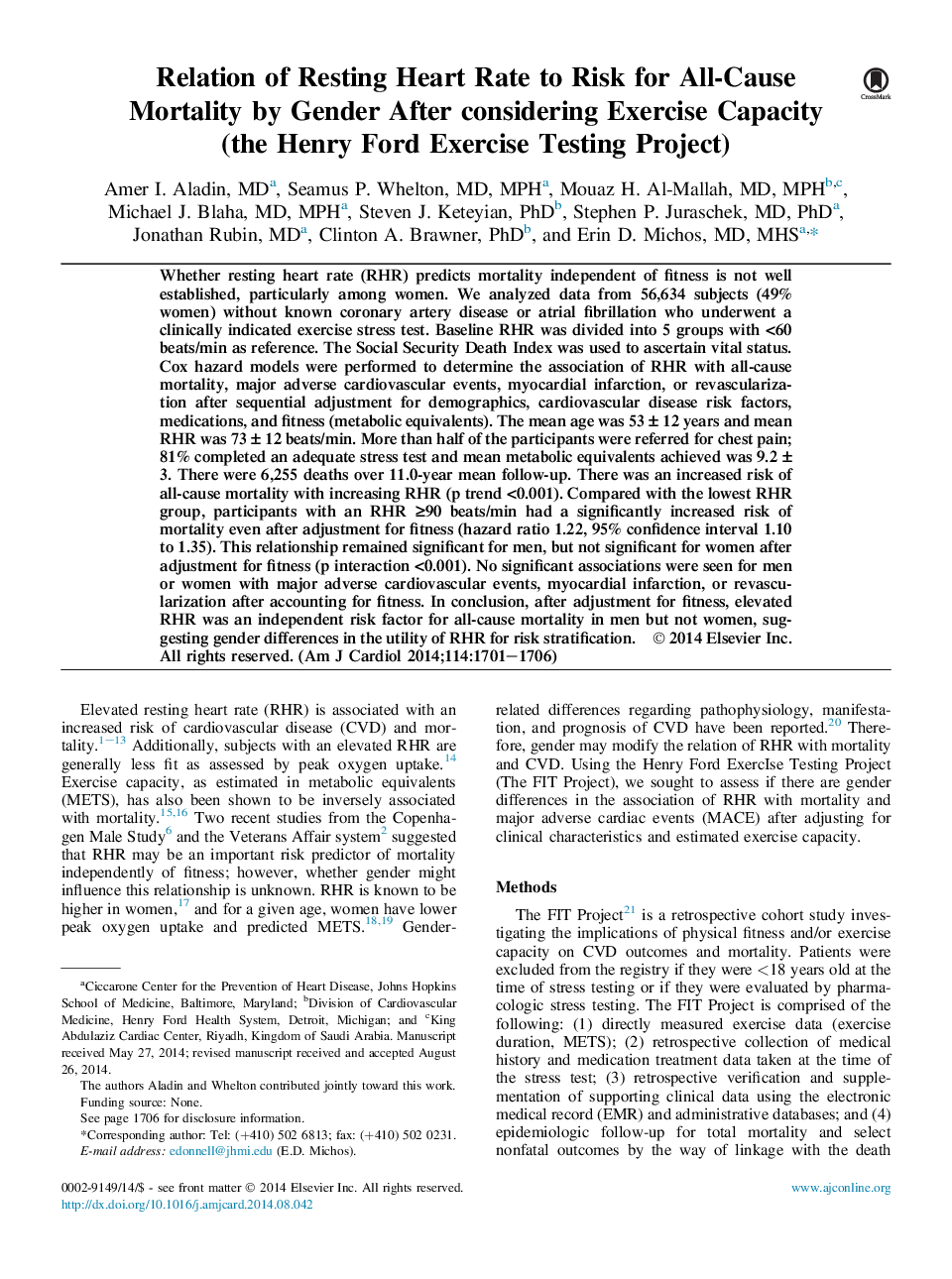 ارتباط نرخ ضربان قلب و رانندگی به علت مرگ و میر ناشی از مرگ و میر ناشی از جنس پس از بررسی ظرفیت ورزش (پروژه تست ورزش هنری فورد) 