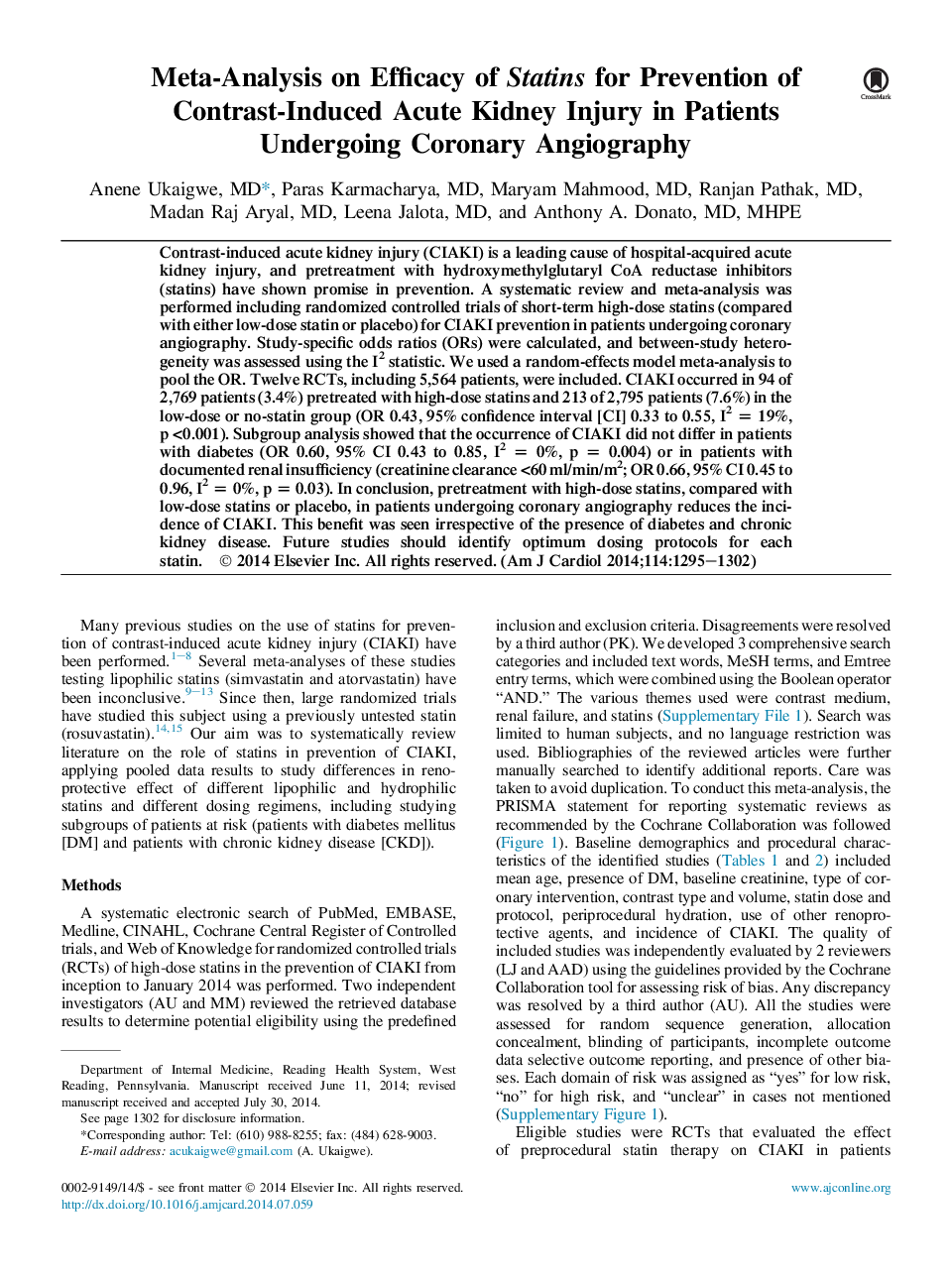 متاآنالیز اثربخشی استاتین ها برای جلوگیری از آسیب کلیه حاد کبدی ناشی از کنتراست در بیماران مبتلا به آنژیوگرافی کرونری 