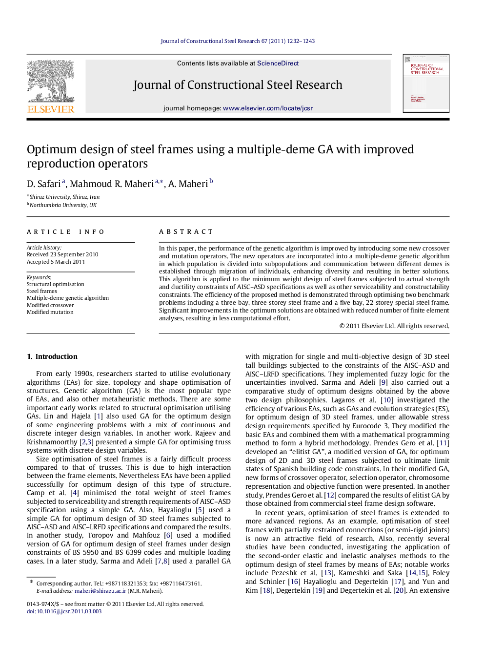 Optimum design of steel frames using a multiple-deme GA with improved reproduction operators