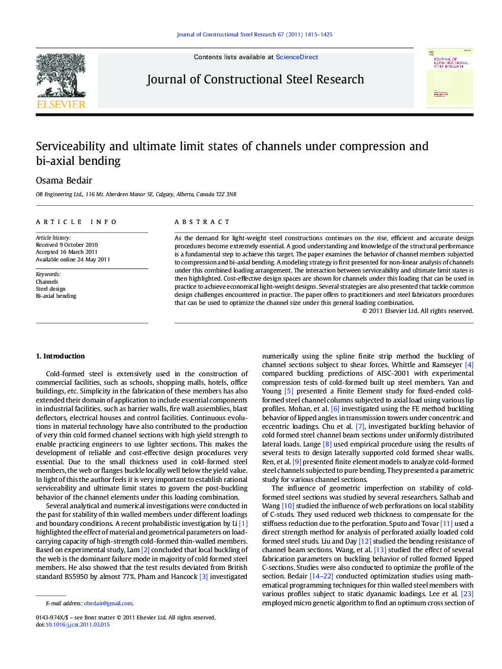 Serviceability and ultimate limit states of channels under compression and bi-axial bending