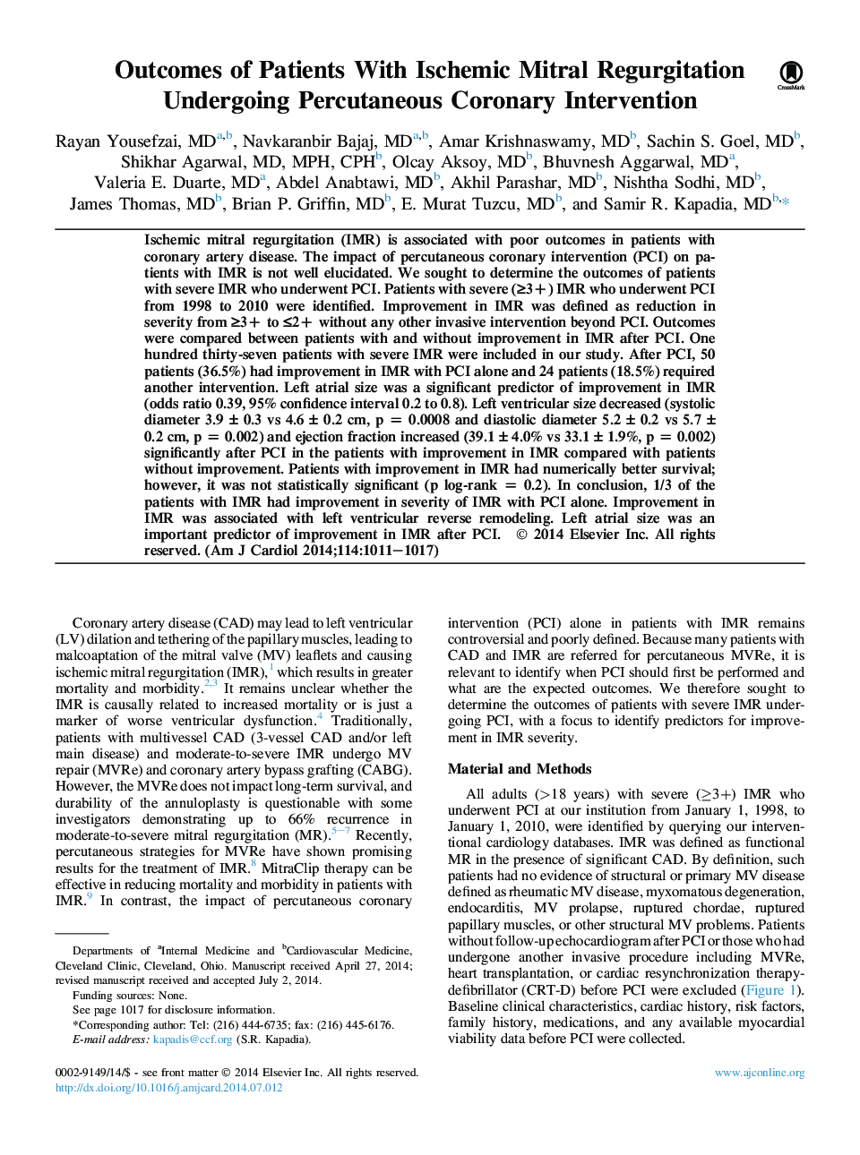 Outcomes of Patients With Ischemic Mitral Regurgitation Undergoing Percutaneous Coronary Intervention 