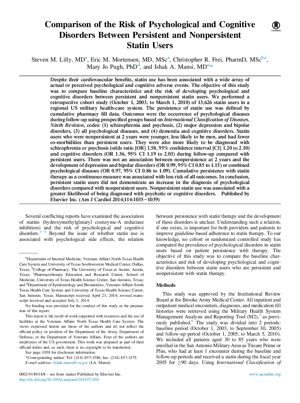 مقایسه خطر ابتلا به اختلالات روان شناختی و شناختی بین مصرفکنندگان استاتین ماندگار و ناپایدار 