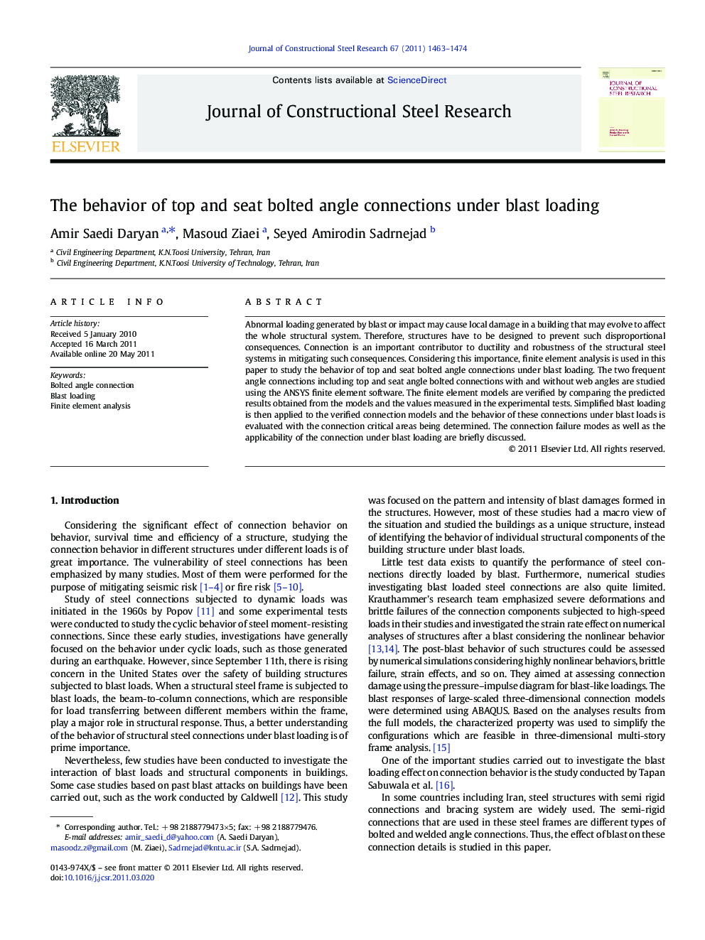 The behavior of top and seat bolted angle connections under blast loading