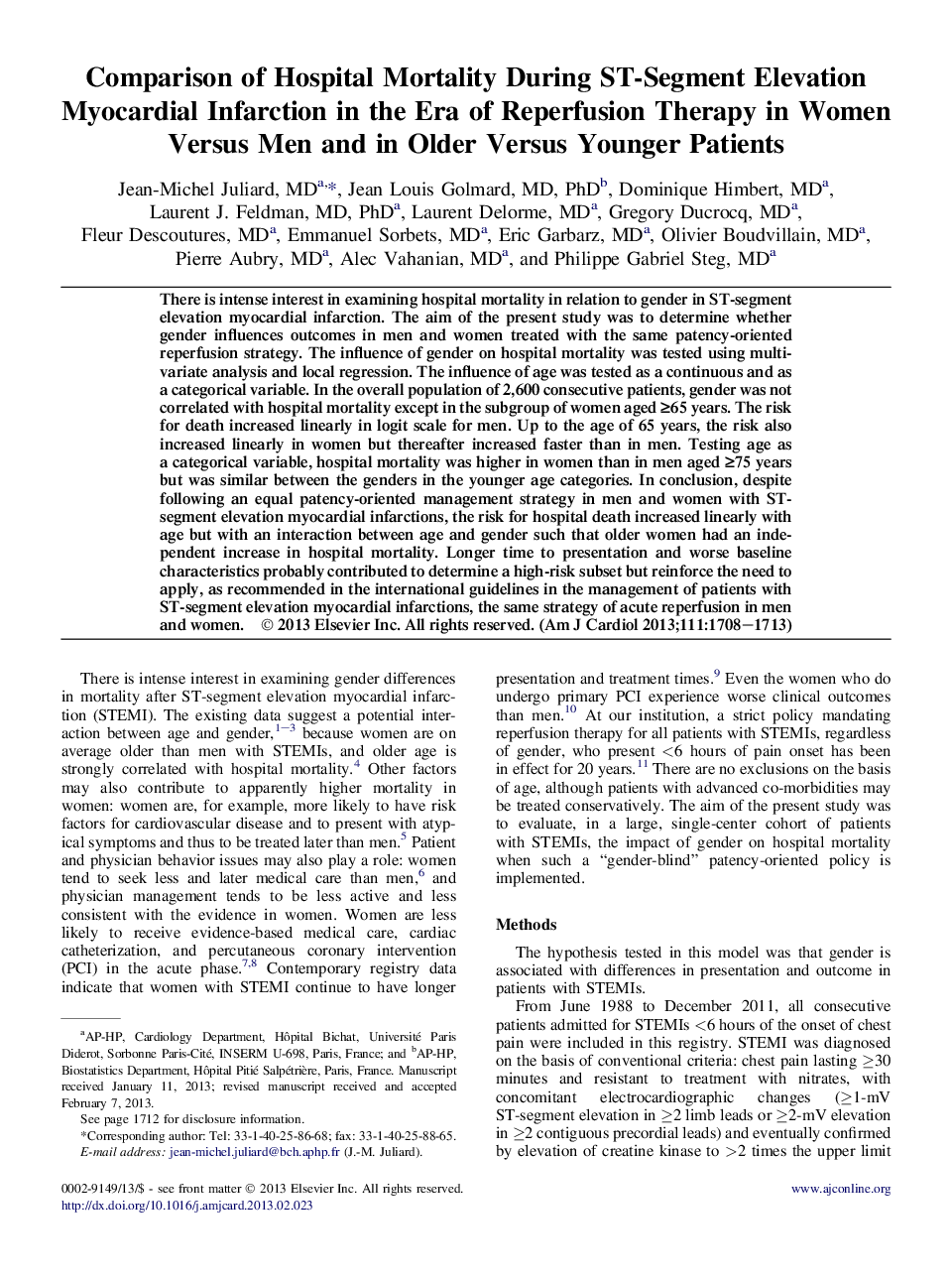 Comparison of Hospital Mortality During ST-Segment Elevation Myocardial Infarction in the Era of Reperfusion Therapy in Women Versus Men and in Older Versus Younger Patients 