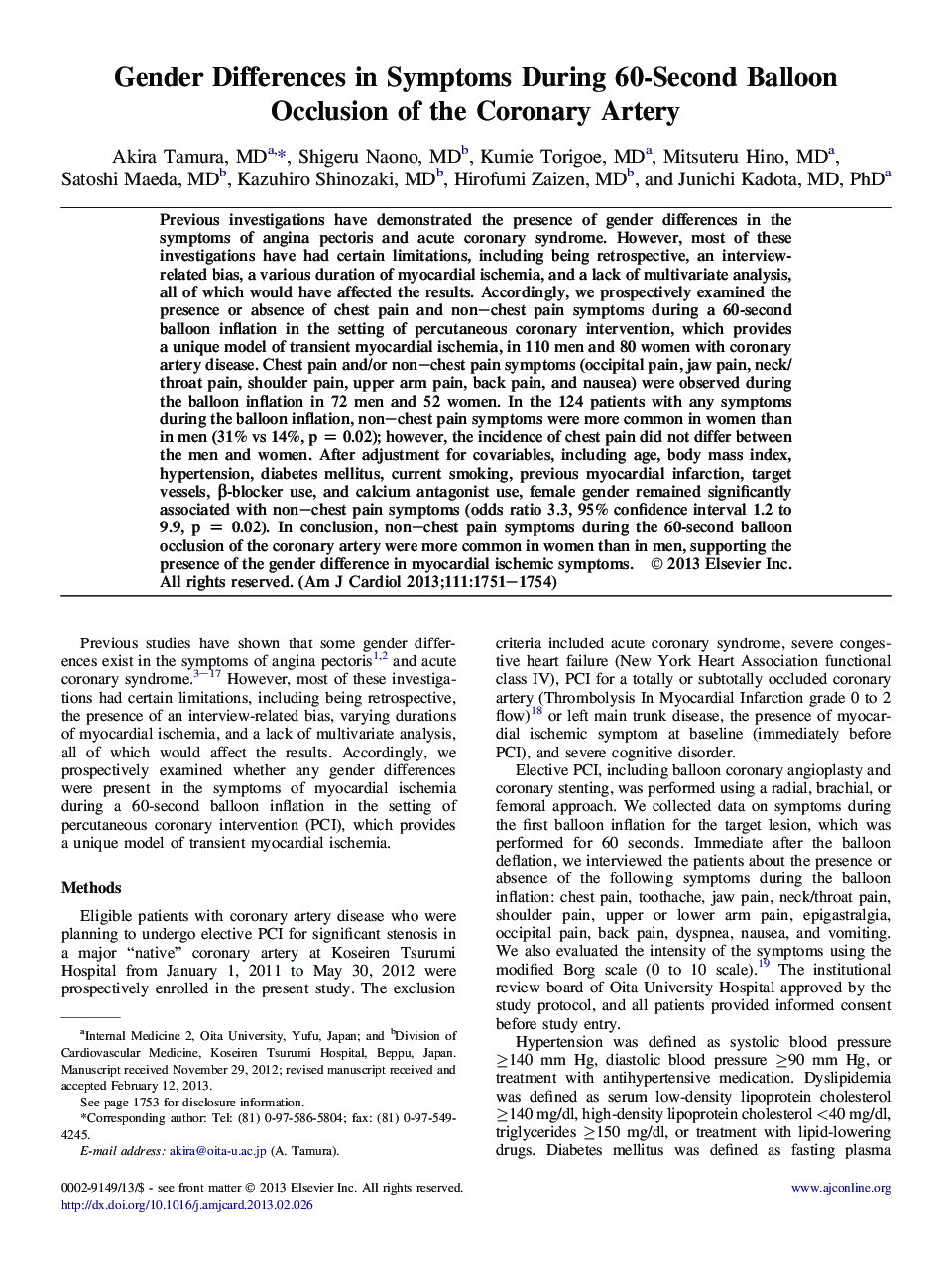 Gender Differences in Symptoms During 60-Second Balloon Occlusion of the Coronary Artery 