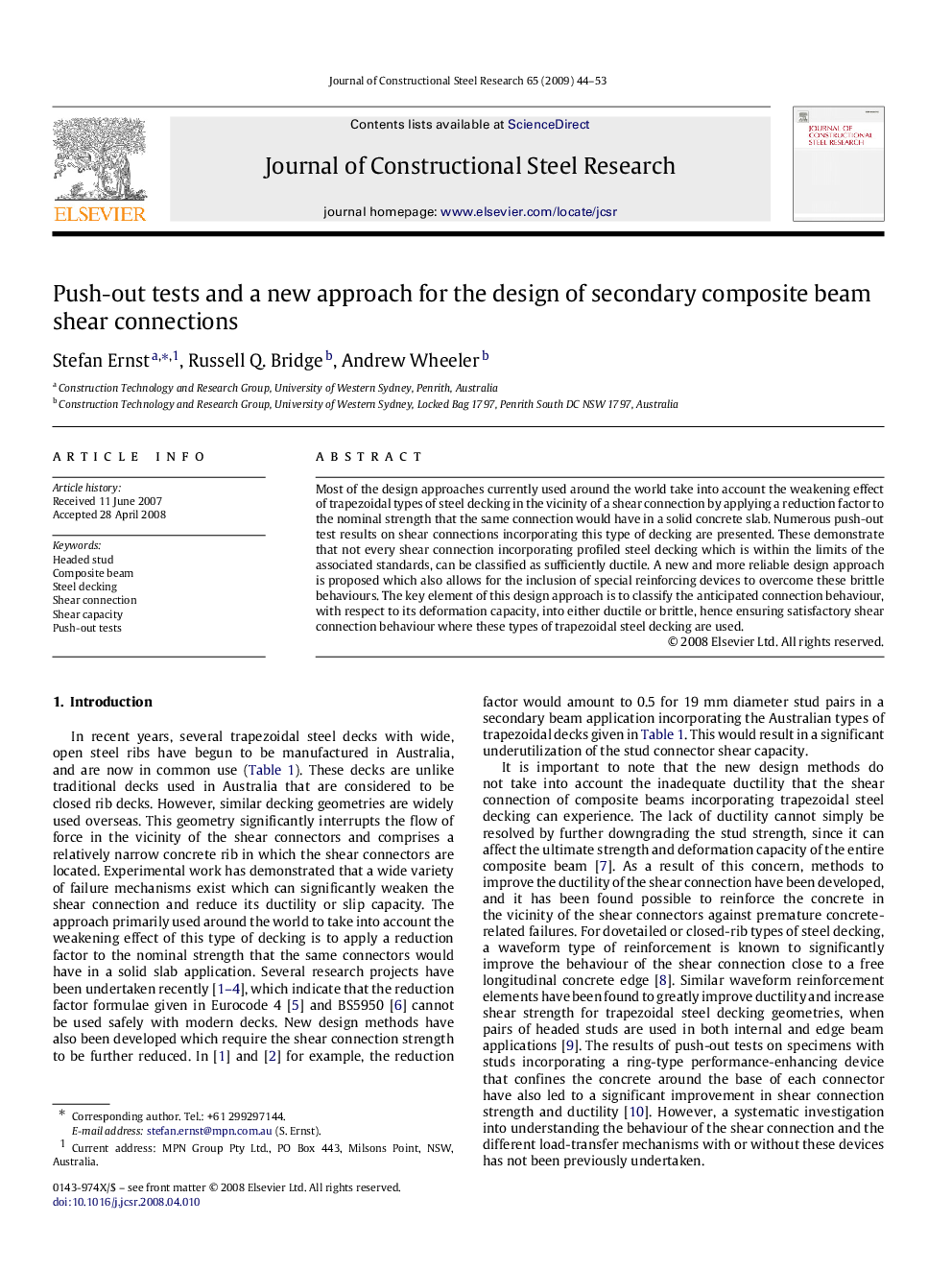 Push-out tests and a new approach for the design of secondary composite beam shear connections