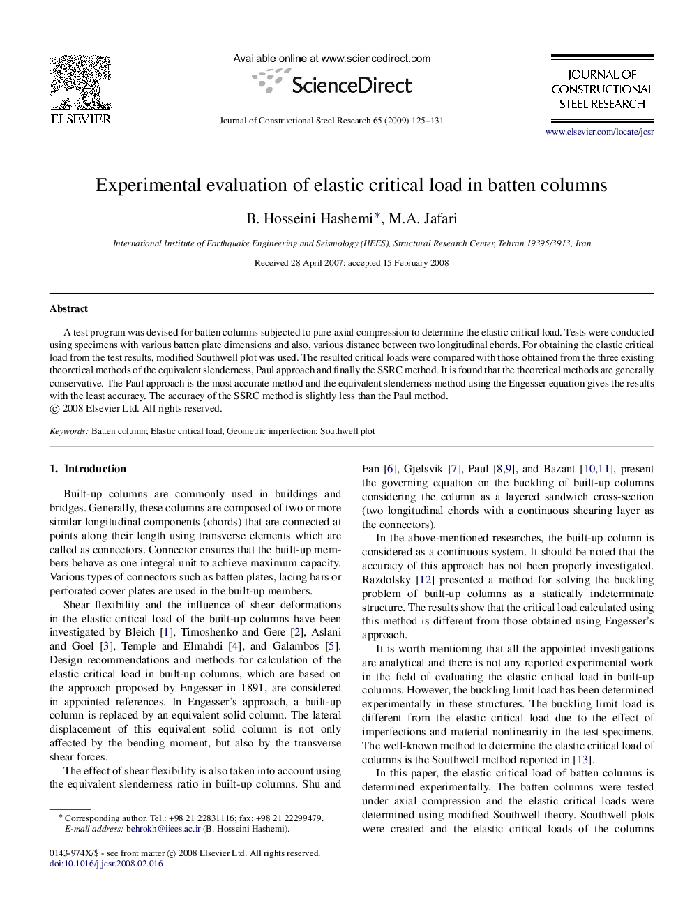 Experimental evaluation of elastic critical load in batten columns