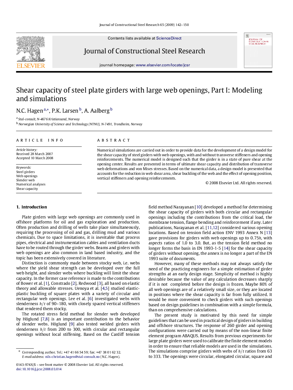 Shear capacity of steel plate girders with large web openings, Part I: Modeling and simulations