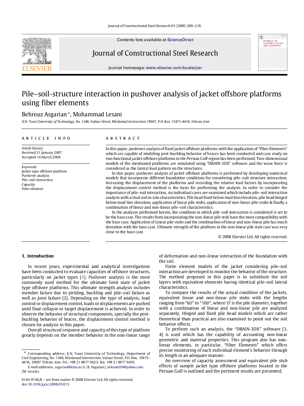 Pile–soil-structure interaction in pushover analysis of jacket offshore platforms using fiber elements