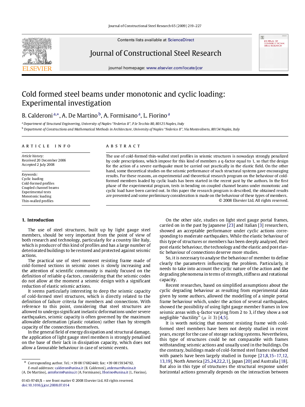 Cold formed steel beams under monotonic and cyclic loading: Experimental investigation