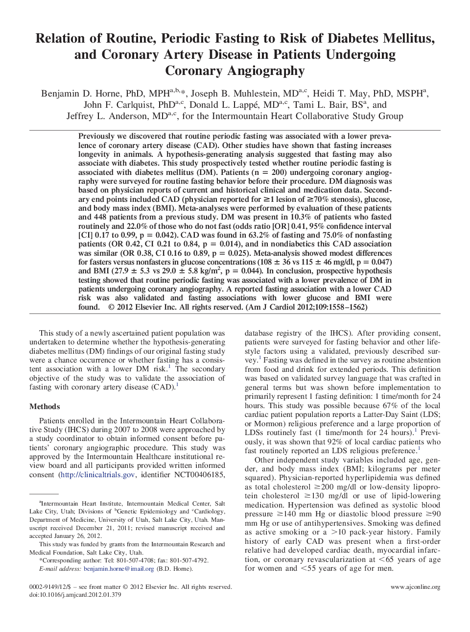 عکس صفحه اول مقاله: Relation of Routine, Periodic Fasting to Risk of Diabetes Mellitus, and Coronary Artery Disease in Patients Undergoing Coronary Angiography Relation of Routine, Periodic Fasting to Risk of Diabetes Mellitus, and Coronary Artery Disease in Patients Undergoing Coronary Angiography