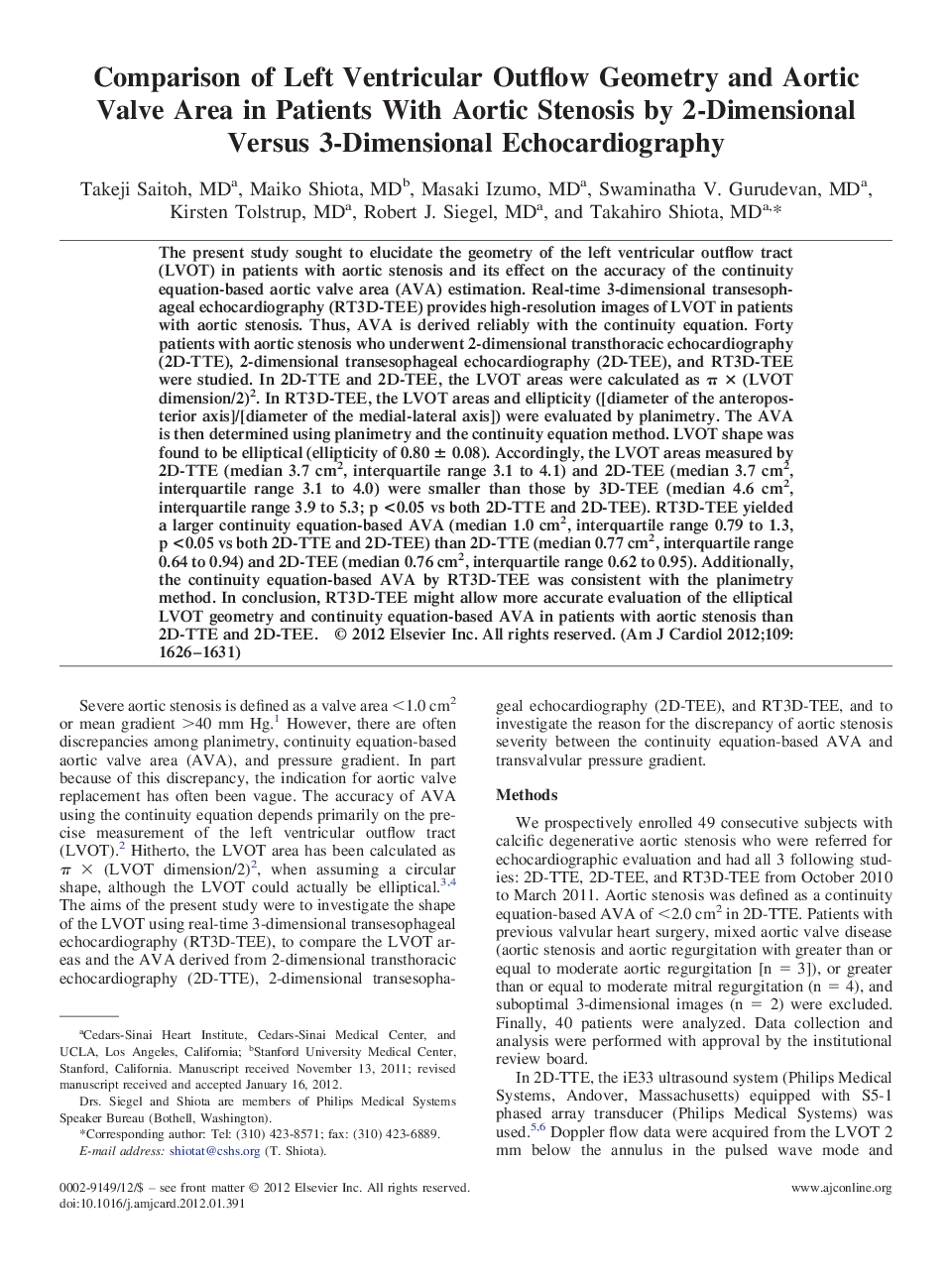 عکس صفحه اول مقاله: Comparison of Left Ventricular Outflow Geometry and Aortic Valve Area in Patients With Aortic Stenosis by 2-Dimensional Versus 3-Dimensional Echocardiography Comparison of Left Ventricular Outflow Geometry and Aortic Valve Area in Patients With Aortic Stenosis by 2-Dimensional Versus 3-Dimensional Echocardiography