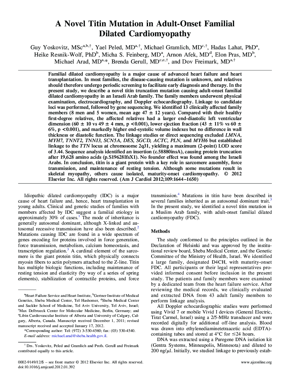 A Novel Titin Mutation in Adult-Onset Familial Dilated Cardiomyopathy