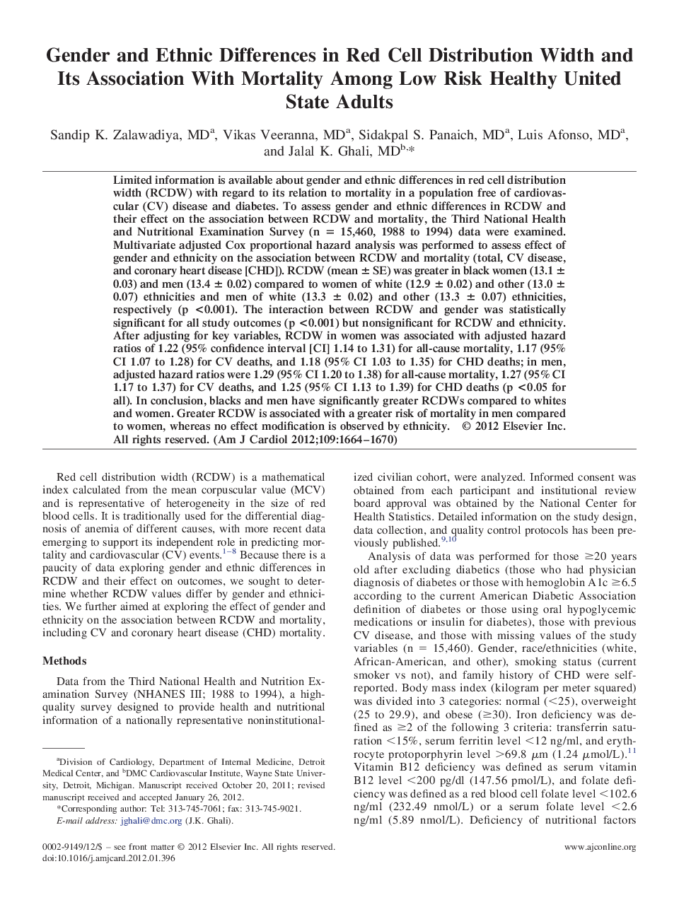 Gender and Ethnic Differences in Red Cell Distribution Width and Its Association With Mortality Among Low Risk Healthy United State Adults