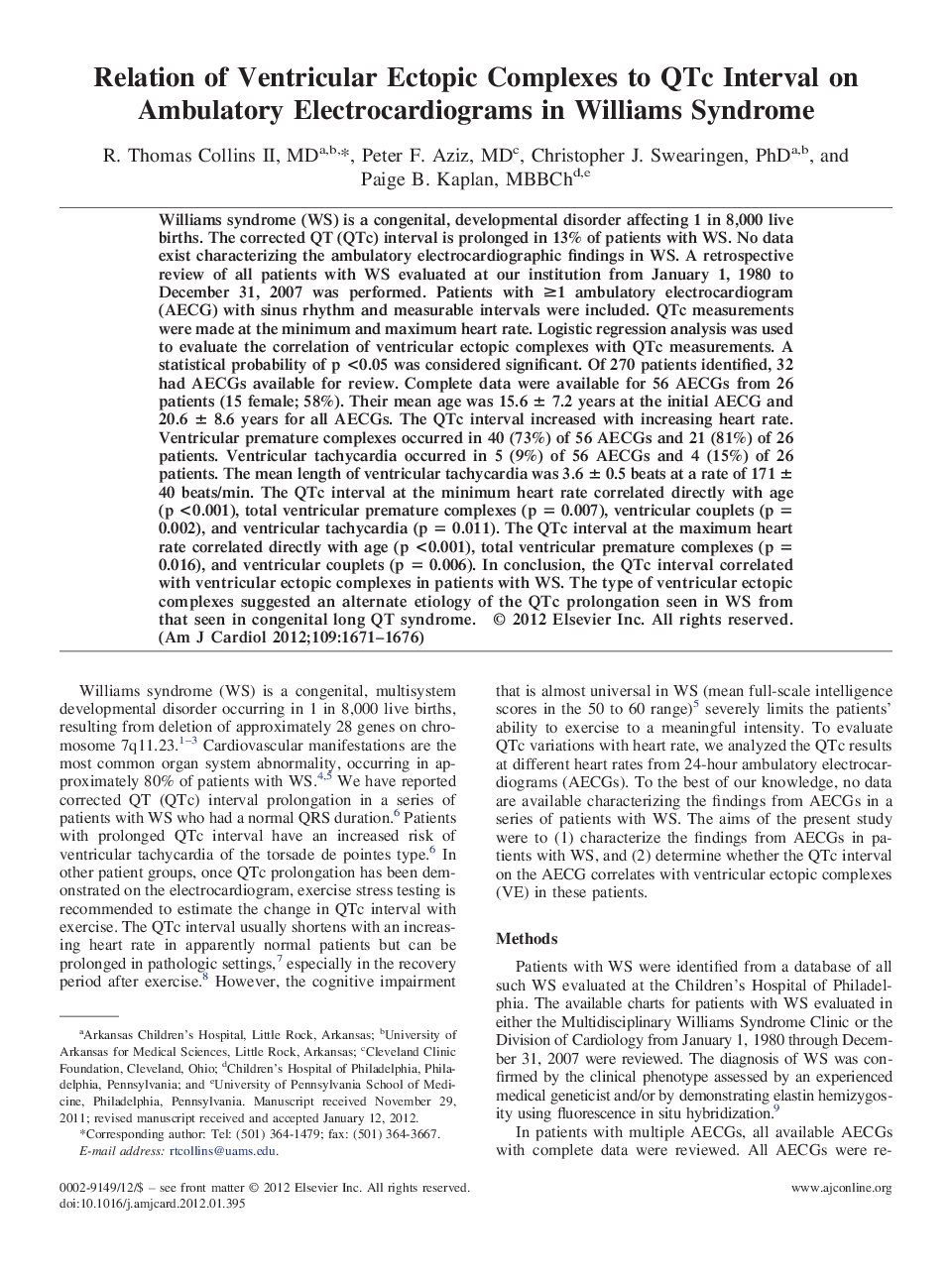 Relation of Ventricular Ectopic Complexes to QTc Interval on Ambulatory Electrocardiograms in Williams Syndrome