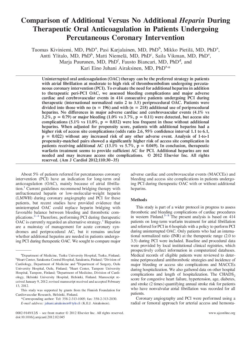 Comparison of Additional Versus No Additional Heparin During Therapeutic Oral Anticoagulation in Patients Undergoing Percutaneous Coronary Intervention 